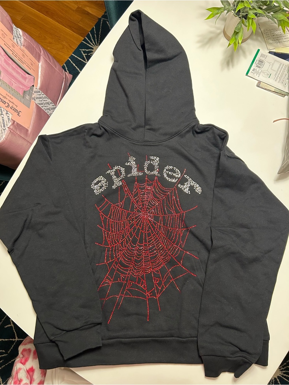 Sp5der Black Hooded Sweatshirt with Red Rhinestone Web